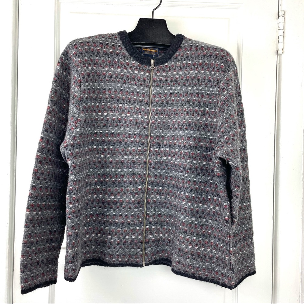 Woolrich Women's Zip Cardigan in Charcoal Gray, Red and White 100% Wool Size XL